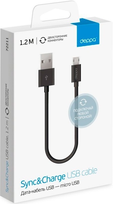 Deppa USB - micro USB, 2-x сторонние коннекторы, 1,2м (черный)